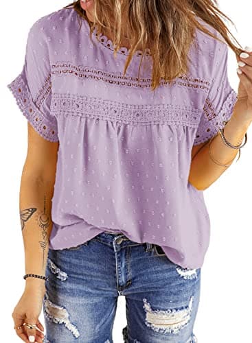 Dokotoo Women's Summer Lace Crochet Round Neck Pom Pom Short Sleeve Flowy Chiffon Babydoll Tunic Top - Purple, L - Image 1