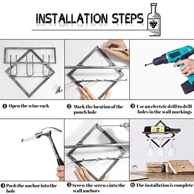 AUHOKY 2Pcs Metal Wall Mounted Wine Holder Stemware Glass Rack, Vintage Silver Hanging Red Wine Racks Organizer with 3 Stem Glass Holders, Wine Bottle Display Hanger for Home Kitchen Bar Decor - Image 3