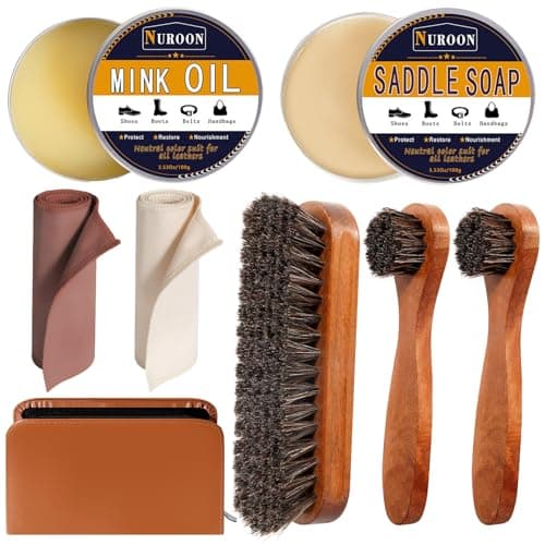 Nuroon 8 Pieces Shoe Polish Kit, 3.5oz Saddle Soap for Leather Cleaning, 3.5oz Mink Oil for Boots Polish, 3 Horsehair Shoe Brushes, Shoe Polish Cloths, Leather Cleaner and Conditioner - Image 1