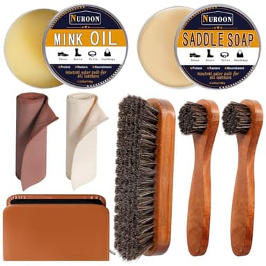 Nuroon 8 Pieces Shoe Polish Kit, 3.5oz Saddle Soap for Leather Cleaning, 3.5oz Mink Oil for Boots Polish, 3 Horsehair Shoe Brushes, Shoe Polish Cloths, Leather Cleaner and Conditioner - Image 1