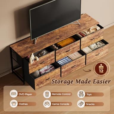 Huuger 63 Inch Long Dresser for Bedroom, Wide TV Stand for 55, 65, 70 Inch TV, 6 Drawer Dresser for Closet with Fabric Drawers, Storage Organizer for Bedroom, Entryway, Rustic Brown - Image 6