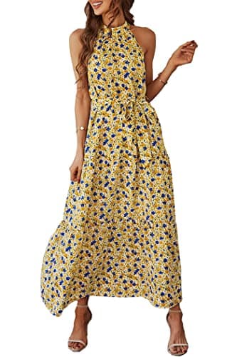 PRETTYGARDEN Women's Summer Floral Maxi Sun Dress Sleeveless Halter Neck Flowy Ruffle Hem Long Boho Dresses with Belt (Floral Yellow,Large) - Image 1