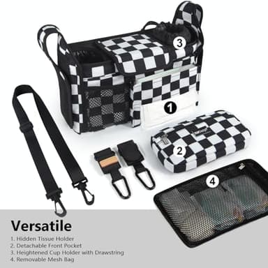 TOPDesign Universal Baby Stroller Organizer, Stroller Caddy with Detachable Mesh Bag & Heightened Insulated Cup Holders & Non-Slip Secure Hooks Accessories, Fits Most Strollers (Checkerboard - Image 4