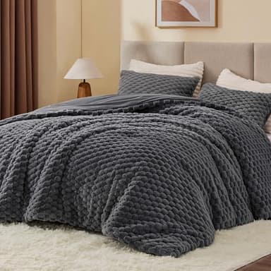 BEDELITE Fluffy King Size Comforter Set - Grey Fleece Soft Comforter for King Size Bed, Luxury Warm Bedding Set for Winter, Fuzzy Bed Set 3 Pieces (1 Comforter, 2 Pillowcases) - Image 1