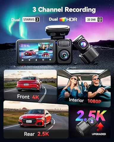 REDTIGER F17 Elite 4K 3 Channel Dash Cam, STARVIS 2 IMX678 & IMX675, 128GB Card, Full Night Color, 4K+2.5K+1080P Front and Rear Inside, Touch Screen, Voice Control, 5GHz WiFi 6, GPS, HDR, Parking Mode - Image 2