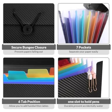 SKYDUE Accordion File Organizer, Expanding File Folder with 7 Pockets,Portable Receipt Paper Bill Document Organizer,Letter/A4 Size Filing Folder School Office Supplies,Black - Image 3