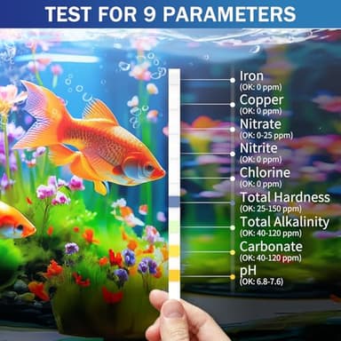 Wutest 9-Way Aquarium Test Strips - 150 Aquarium Water Test Kit Fish Tank Test Kit Quick & Accurate Testing Iron Copper Nitrate Nitrite Chlorine Total Hardness Total Alkalinity Carbonate pH - Image 4