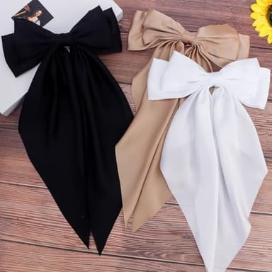 Velscrun 3Pcs Women's Hair Accessories Gifts: White, Black, and Khaki Oversized Satin Hair Bows with Long Tails, Barrettes, and Clips for Girls - Image 8