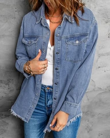 Vetinee Oversized Boyfriend Denim Jean Jacket with Buttons and Raw Hem Pockets - Blue, Size Medium 8-10 - Image 8
