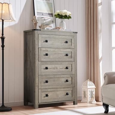 T4TREAM Farmhouse 5 Drawers Dresser Chests for Bedroom, Wood Rustic Tall Chset of Drawers,Dressers Organizer for Bedroom, Living Room,Hallway, Light Rustic Oak - Image 1