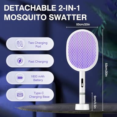 Electric Fly Swatter Racket, PALONE 4000V Detachable Bug Zapper with Type-C Rechargeable Base, Powerful Dual Modes Fly Zapper Racket, Mosquito Killer for Indoor Outdoor, 1 Pack - Image 2