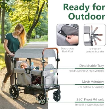 Kinder King Folding Wagon Stroller for 2 Kids, All-Terrain Baby Stroller Wagon Outdoor, Removable Canopy 2 Seater, Adjustable Handle, Shock-Absorbing Wheel, Detachable Tray, Parent Organizer, Gray - Image 3