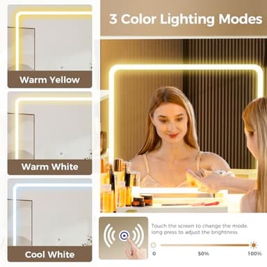 COMHOMA Makeup Vanity Desk with Mirror and Lights, Large Vanity Table with 6 Drawers & 1 Storage Cabinet, White Bedroom Dresser Table for Girls, 3 Color Modes Adjustable Mirror, White - Image 4