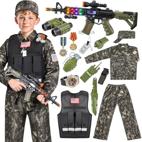 Metemot Kids Army Costume for Boys, Military Soldier Costume with Army Toys, Boys Halloween Costumes with Army Vest, Soldier Boy Dress up Costumes for Play Age 3-12, Halloween Birthday Gift for Kids - Image 1