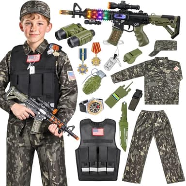 Metemot Kids Army Costume for Boys, Military Soldier Costume with Army Toys, Boys Halloween Costumes with Army Vest, Soldier Boy Dress up Costumes for Play Age 3-12, Halloween Birthday Gift for Kids - Image 1