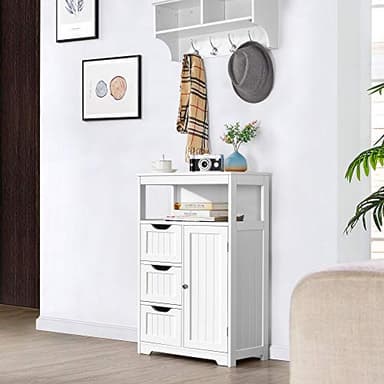 Yaheetech Bathroom Floor Cabinet Wooden Storage Organizer with 1 Door and 3 Drawers, Free-Standing Cupboard for Kitchen/Living Room/Bathroom Use, White - Image 5