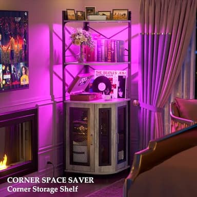 Aheaplus Corner Bar Cabinet with Power Outlet, Industrial Wine Cabinet with LED Strip and Glass Holder, 5-Tiers Liquor Cabinet Bar Unit for Home, Corner Display Cabinet for Small Space, White Oak - Image 6