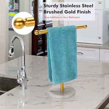 Kalitro Gold Towel Rack with Heavy Marble Base, Free Standing Hand Towel Holder Stand for Bathroom Stainless Steel T-Shape Brushed Gold - Image 4