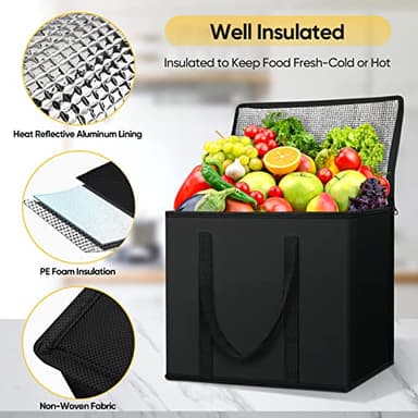 BALEINE 2Pk Insulated Reusable Grocery Bags, Collapsible Cooler Bag for Groceries, Heavy Duty Large Insulated Bag (16''x9''x13'', Charcoal Black) - Image 3