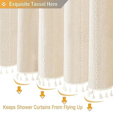 BTTN Boho Farmhouse Shower Curtain, Linen Rustic Weighted Striped Cloth Shower Curtain Set with Tassel, Water Repellent, Bohemian Vintage Country Fabric Shower Curtain for Bathroom, Cream/Beige, 72x72 - Image 6