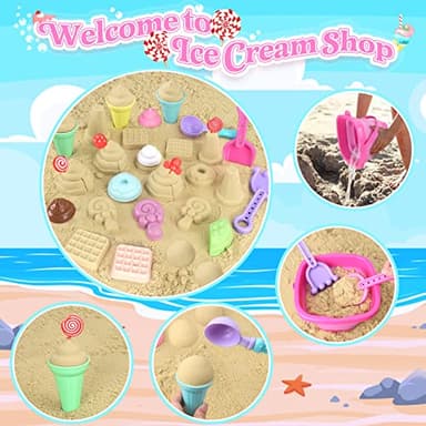 Collapsible Beach Toys Set for Kids Toddlers Girls, Collapsible Sand Bucket and Shovels Set with Mesh Bag & Sand Molds, Ice Cream Travel Sand Toys for Beach, Sandbox Toys for Toddlers Kids Age 3-10 - Image 4