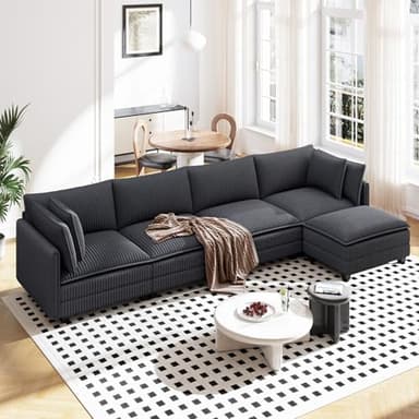 Vesgantti 143" L Shaped Modular Sectional Sofa, Comfy Corduroy Upholstered Modular Sectional Couches for Living Room, Modern Cloud Couch with Ottoman Deep Seat, Dark Grey - Image 1