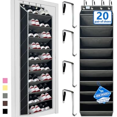 zebricolo shoe organizer,70 Pounds Large Capacity,20-30-Pair over the door shoe organizer,10 Tiers shoe rack for closet,New upgrade Anti-scratch heavy duty hook and Bamboo material Baffle, Black/Grey - Image 1