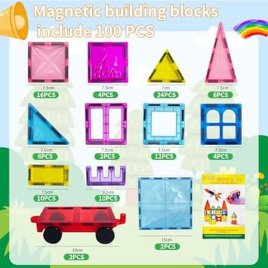 Magnetic Tiles, 100PCS Kids Magnetic Blocks Toy Set, Magnet Tiles 3D Clear Building Blocks Set with 2 Cars, STEM Sensory Educational Toys Gift for Toddlers Boys 3 4 5 6 7 8 9 - Image 8
