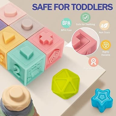 Baby Toys 6 to 12 Months, 5 In 1 Montessori Toys for 1 Year Old, Incl Travel Pull String Toy & Rattle Teether & Stacking Baby Block & Soft Infant Ring & Sensory Ball for Toddler 0-3-6-9-12 Month - Image 2