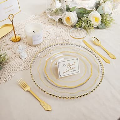 NOCCUR 50Guest Gold Rim Clear Plastic Plates&Disposable Silverware Cups-Include 100Plastic Plates, 150Gold Utensils, 50Cups and 50Napkins-Idea for Wedding&Party - Image 5