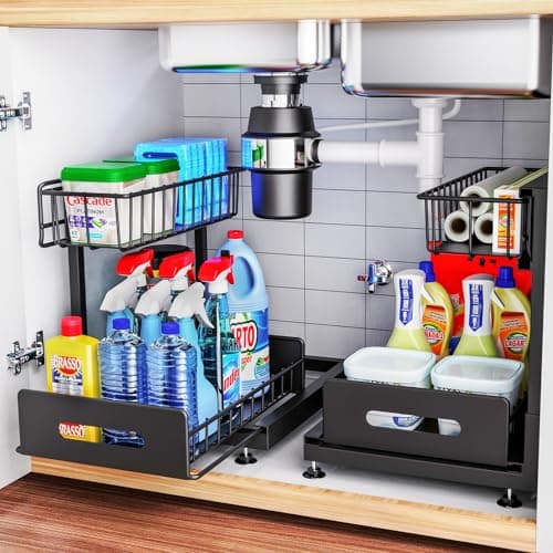 2 Pack Under Sink Organizers and Storage,Pull Out Cabinet Organizer,2-Tier Sliding Out Kitchen Basket Sink Shelf Cabinet Organizers Adjustable L Shape Counter Organizers for Bathroom Kitchen (Black) - Image 1