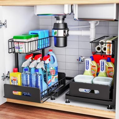 2 Pack Under Sink Organizers and Storage,Pull Out Cabinet Organizer,2-Tier Sliding Out Kitchen Basket Sink Shelf Cabinet Organizers Adjustable L Shape Counter Organizers for Bathroom Kitchen (Black) - Image 1