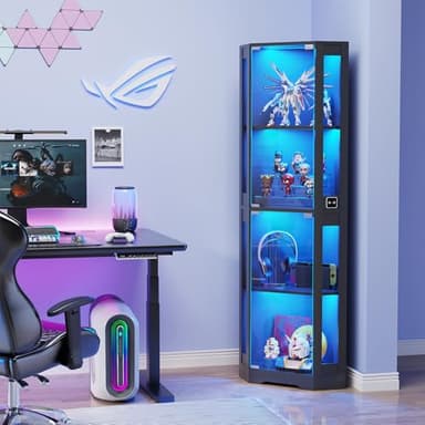 BROTTAR 65" Corner Glass Display Cabinet with LED Lights, 4-Tier Showcase Display Case with Glass Doors & Human Body Sensor for Collectibles, Liquor, Black - Image 5