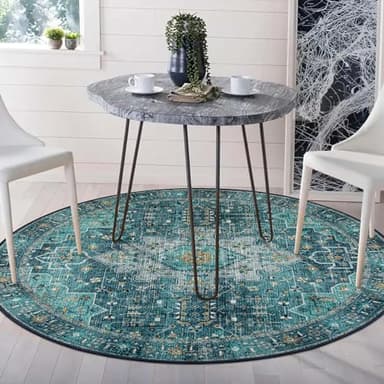 Moynesa Ultra-Thin Washable Round Rug - 4ft Oriental Circle Area Rugs for Bedroom Entryway, Teal Vintage Non Slip Non Shedding Low Pile Carpet for Living Room Coffee Table Kitchen - Image 7