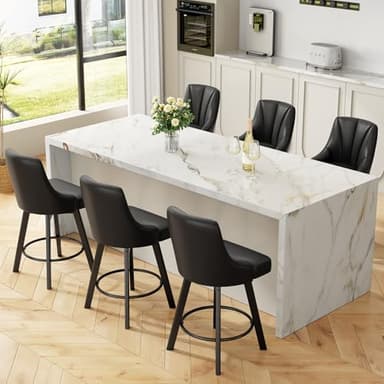 YaFiti Swivel Bar Stools with Backs, 24" Counter Height Bar Stools Set of 6, PU Leather Upholstered Counter Barstools with Solid Wood Legs for Kitchen Island, Home Bar, Black - Image 1