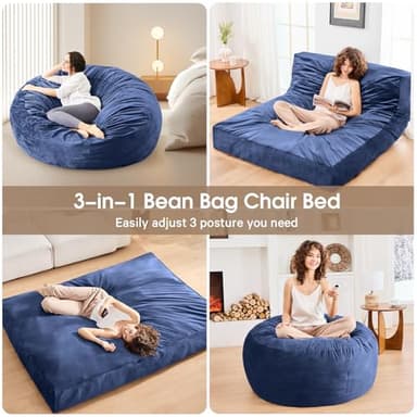 Bean Bag Chairs for Adults - Giant Bean Bag Chair Convertible Bean Bag Bed - Beanbag Chair with Micro Fiber Cover/Furniture Foam Filler - Floor Couch Sofa in Bedroom Dorm Room - Queen Navy Blue - Image 7