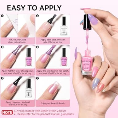 Nailshion Nail Polish Set, 16 Colors Bulk Toe Fingernail Nail Polish with Clear Base Top Coat & Remover Pads, Hema-free, Air Dry Non Gel, VE Formula, Glitter Holographic Macaroon Nude Peach Pink - Image 8