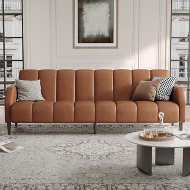 Fadware Faux Leather Couch, Convertible Futon Sofa Bed with Adjustable Backrest, Mid Century Leather Sofa Loveseat with Side Pockets& Metal Leg, Modern Leather Sleeper Sofa for Living Room Bedroom - Image 8