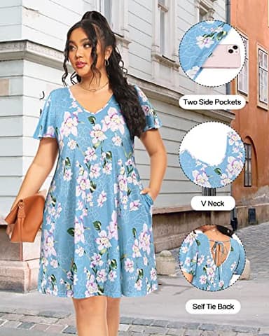 Pinup Fashion Plus Size Dress Women Hawaiian Tshirt Blue Floral Pockets Casual Summer Swing Beach Sundresses Short Sleeve Tie Back - Image 5