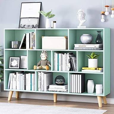 IOTXY Wooden Open Shelf Bookcase - 3-Tier Floor Standing Display Cabinet Rack with Legs, 10 Cubes Kids Bookshelf, Tiffany-Green - Image 1