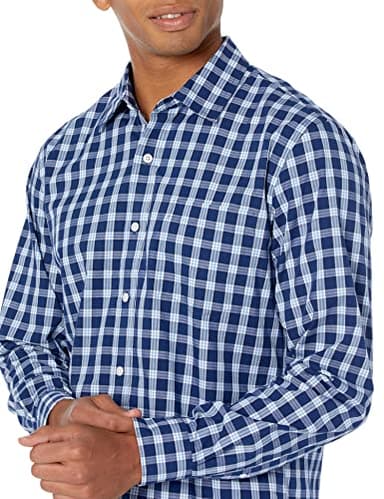 Amazon Essentials Men's Slim-Fit Long-Sleeve Poplin Shirt, Navy White Plaid, Large - Image 4