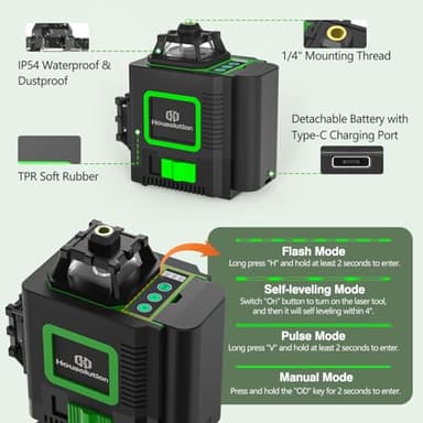 Housolution Laser Level, 3x360° 3D Cross Line Laser for Construction and Picture Hanging, 12 Green Lasers with Self-leveling, 130Ft Level Tool with 10000mAh Battery, Type-C, 4 Adjustable Brightness - Image 8