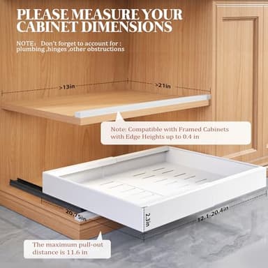 Seinloes 4 Pack Expandable Pull Out Cabinet Organizer 21"Deep With Raising Pad for Framed Cabinets,Upgrade 3 Slide Rails Slide Out Drawers,No Drill Roll Out Shelves,Adjustable Width 12.1"-20.4" White - Image 3