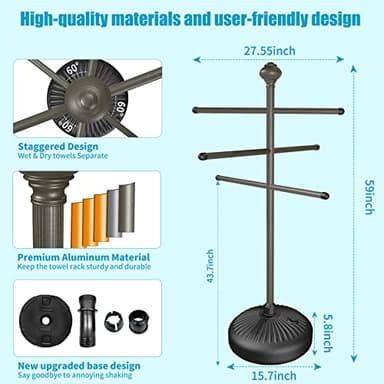 Hestiasko Pool Towel Rack Outdoor, 59" Metal Outdoor Towel Rack for Hot Tub with 3 Adjustable Bars, Patio & Hot Tub Accessories for Adults, Upscale Pool Towel Holder - Gray - Image 4