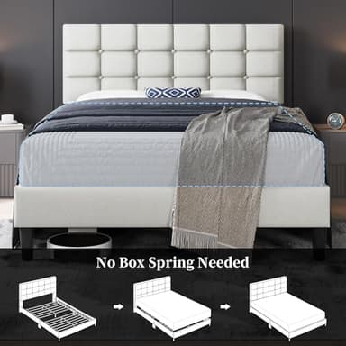 Yaheetech Upholstered Bed Frame, Modern Full Bed Platform with Square Stitched&Button Tufting Headboard Height Adjustable, Wooden Slats Support, No Box Spring Needed, Full Size, Beige - Image 9