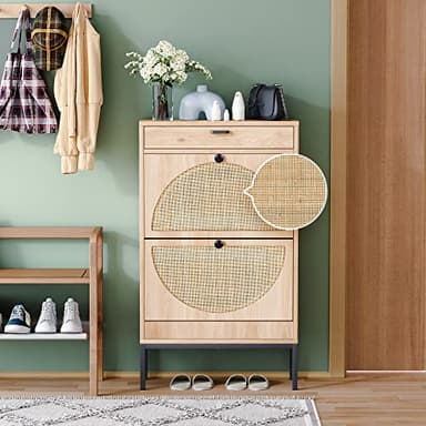 Yechen Shoe Rack Storage Organizer with 2 Natural Semi-Circular Rattan Doors, Entryway Wooden Shoe Cabinet for Sneakers, Leather Shoes, High Heels, Slippers (1 Piece, Oak) - Image 6