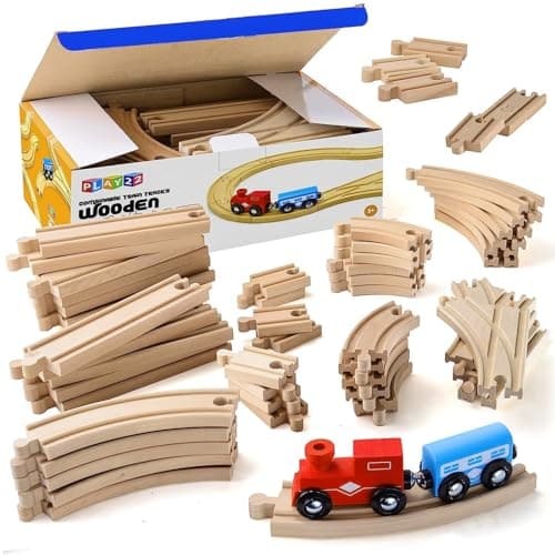 Play22 Wooden Train Tracks - 52 PCS + 2 Bonus Car Toy Trains - for Kids is Compatible with Thomas Wooden Railway Systems and All Major Brands - Original - Image 1