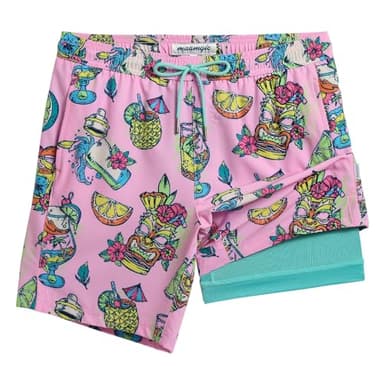 maamgic Mens Swim Trunks with Compression Liner 7 Inch Inseam Mens Bathing Suit Quick Dry Swimming Trunks Swimsuit Beverage Pink Blue Small - Image 1