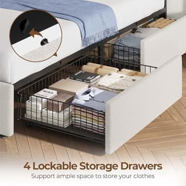 Rolanstar Twin Bed Frame with 4 Storage Drawers and Charging Station,Twin Bed with Led Lights, 2 USB & 1 Type C, Adjustable Headboard 38.9/40.8 Inches, No Box Spring Needed, White - Image 5
