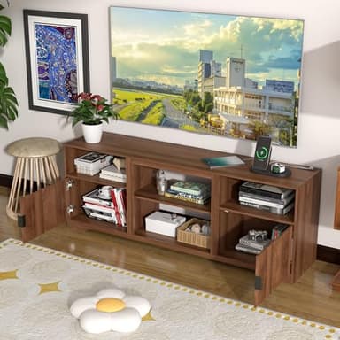 Fluted TV Stand for Tvs up to 80",Mid Century Modern TV Stand with Open Adjustable Shelf,Entertainment Center Wood TV Media Console with Cord Holes,TV Stand for Living Room Furniture Bedroom,Walnut - Image 8